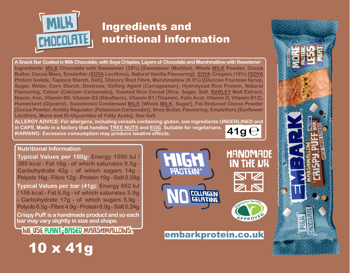 10 x Milk Chocolate Marshmallow Crispy Puff Protein Bars