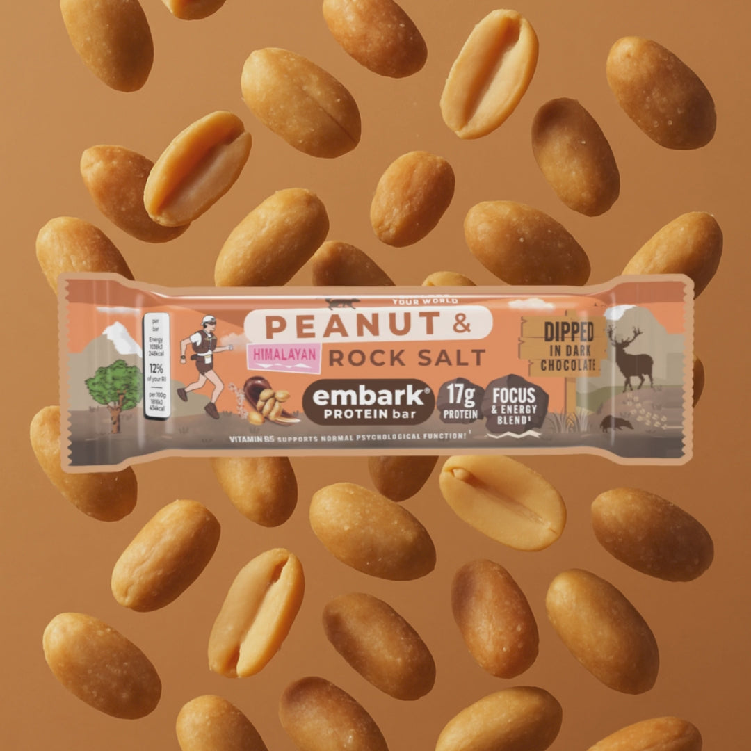 Load video: Peanut &amp; Rock Salt protein bar in a background of roasted peanut halves